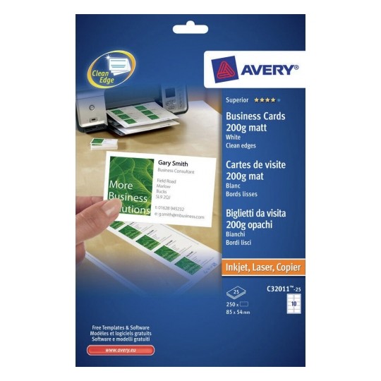 Avery C32011-25 Business Cards 200gsm 10 per Sheet - 25 Sheets Avery C32011-25 Business Cards 200gsm 10 per Sheet - 25 Sheets