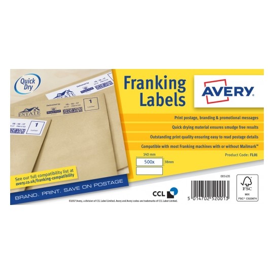 Avery FL01 Manual Franking Labels 2 per Page 140x38mm White - 500 Sheets