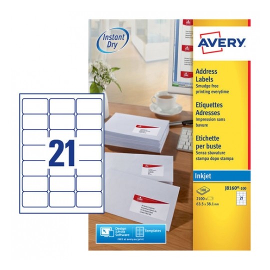 Avery J8160-100 Inkjet Address A4 Labels 21 Per Page 63.5x38.1 White - 100 Sheets