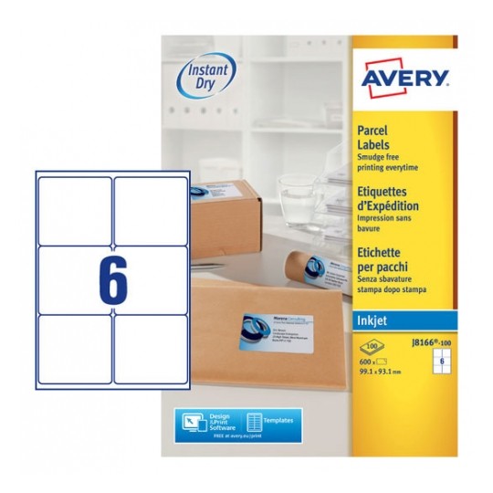 Avery J8166-100 Inkjet Parcel A4 Labels 6 per Page 99.1x93.1 White - 100 Sheets