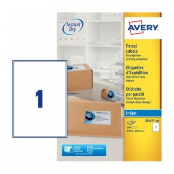 Avery J8167-100 Inkjet Parcel A4 Labels 1 per Page 199.6x289.1 White - 100 Sheets