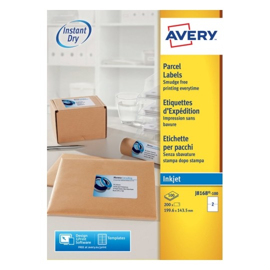 Avery J8168-100 Inkjet Parcel A4 Labels 2 per Page 199.6x143.5 White - 100 Sheets Avery J8168-100 Inkjet Parcel A4 Labels 2 per Page 199.6x143.5 White - 100 Sheets