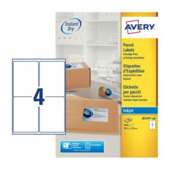 Avery J8169-100 Inkjet Parcel A4 Labels 4 per Page 139x99.1 White - 100 Sheets