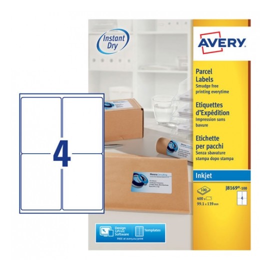 Avery J8169-100 Inkjet Parcel A4 Labels 4 per Page 139x99.1 White - 100 Sheets