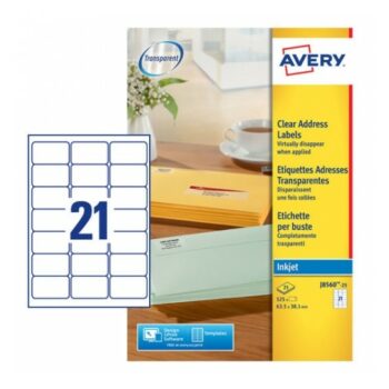 Avery J8560-25 Inkjet Address A4 Labels 21 per Page 63.5x38.1 Clear - 25 Sheets