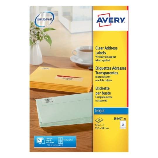 Avery J8560-25 Inkjet Address A4 Labels 21 per Page 63.5x38.1 Clear - 25 Sheets Avery J8560-25 Inkjet Address A4 Labels 21 per Page 63.5x38.1 Clear - 25 Sheets