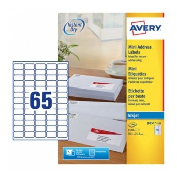Avery J8651-100 Inkjet Mini A4 Labels 65 per Page 38.1x21.2 White - 100 Sheets