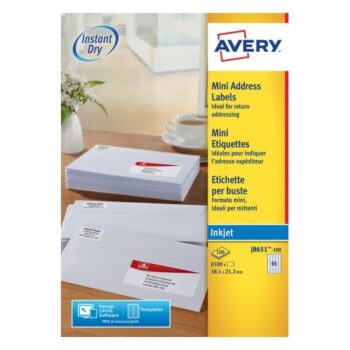 Avery J8651-100 Inkjet Mini A4 Labels 65 per Page 38.1x21.2 White - 100 Sheets