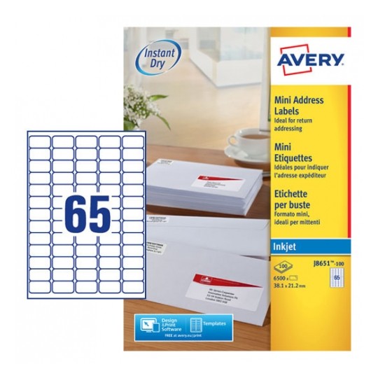 Avery J8651-100 Inkjet Mini A4 Labels 65 per Page 38.1x21.2 White - 100 Sheets