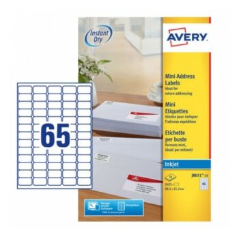 Avery J8651-25 Inkjet Mini A4 Labels 65 per Page 38.1x21.2 White - 25 Sheets