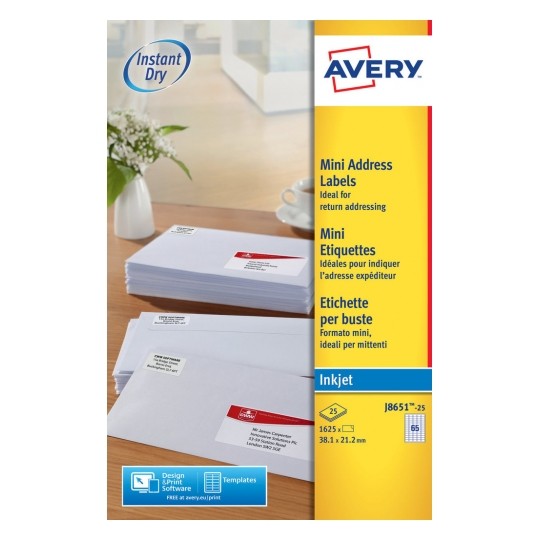 Avery J8651-25 Inkjet Mini A4 Labels 65 per Page 38.1x21.2 White - 25 Sheets Avery J8651-25 Inkjet Mini A4 Labels 65 per Page 38.1x21.2 White - 25 Sheets