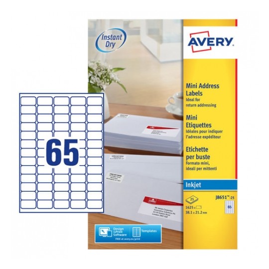 Avery J8651-25 Inkjet Mini A4 Labels 65 per Page 38.1x21.2 White - 25 Sheets