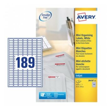 Avery J8658-25 Inkjet Mini A4 Labels 189 per Page 25.4x10 White - 25 Sheets