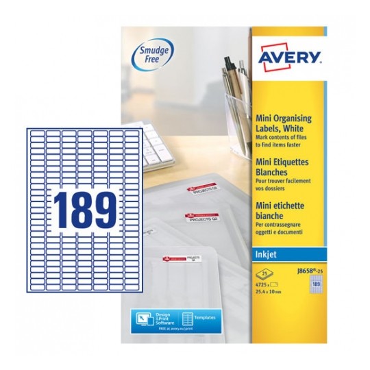 Avery J8658-25 Inkjet Mini A4 Labels 189 per Page 25.4x10 White - 25 Sheets