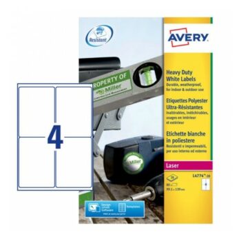 Avery L4774-20 Laser Heavy Duty A4 Labels 4 per Page 99.1x139 White - 20 Sheets