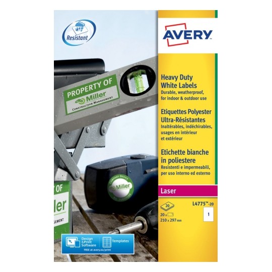 Avery L4775-20 Laser Heavy Duty A4 Labels 1 per Page 210x297 White - 20 Sheets Avery L4775-20 Laser Heavy Duty A4 Labels 1 per Page 210x297 White - 20 Sheets