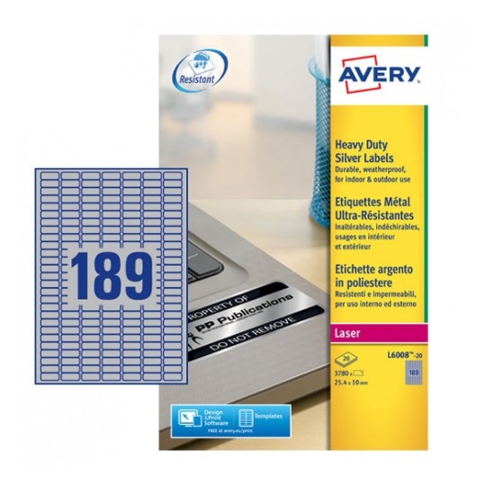 Avery L6008-20 Laser Heavy Duty A4 Labels 189 per Page 25.4x10 Silver - 20 Sheets