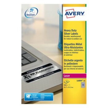Avery L6009-20 Laser Heavy Duty A4 Labels 48 per Page 45.7x21.2 Silver - 20 Sheets