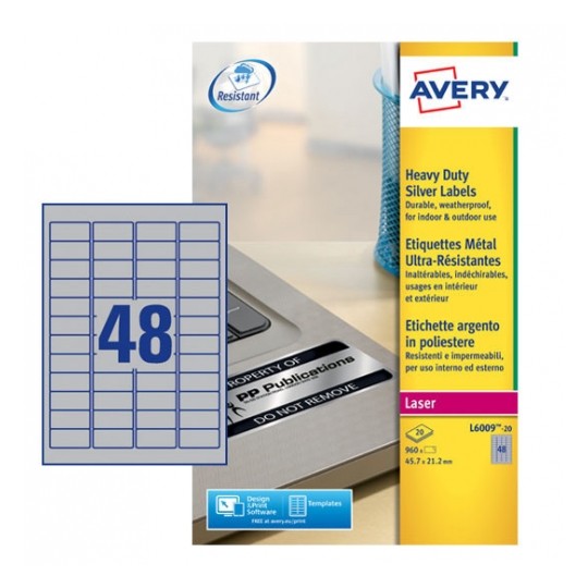 Avery L6009-20 Laser Heavy Duty A4 Labels 48 per Page 45.7x21.2 Silver - 20 Sheets