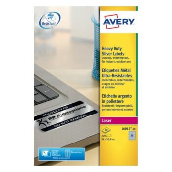Avery L6012-20 Laser Heavy Duty A4 Labels 10 per Page 96x50.8 Silver - 20 Sheets