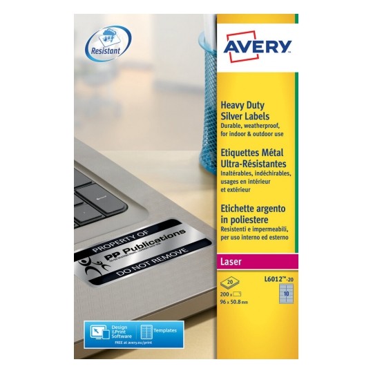 Avery L6012-20 Laser Heavy Duty A4 Labels 10 per Page 96x50.8 Silver - 20 Sheets Avery L6012-20 Laser Heavy Duty A4 Labels 10 per Page 96x50.8 Silver - 20 Sheets