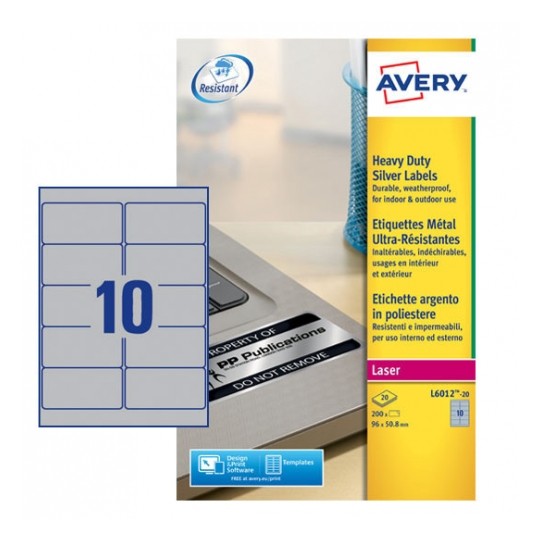Avery L6012-20 Laser Heavy Duty A4 Labels 10 per Page 96x50.8 Silver - 20 Sheets