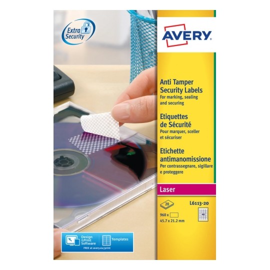 Avery L6113-20 Laser Anti-Tamper A4 Labels 48 per Page 45.7x21.2 - 20 Sheets Avery L6113-20 Laser Anti-Tamper A4 Labels 48 per Page 45.7x21.2 - 20 Sheets