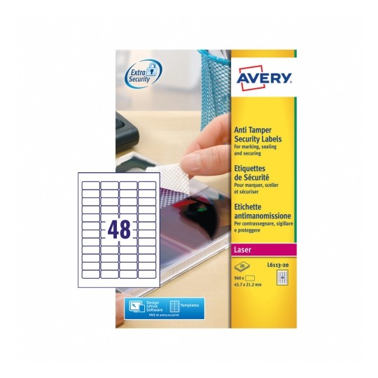 Avery L6113-20 Laser Anti-Tamper A4 Labels 48 per Page 45.7x21.2 - 20 Sheets