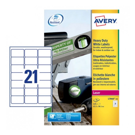Avery L7060-20 Laser Heavy Duty A4 Labels 21 per Page 63.5x38.1 White - 20 Sheets