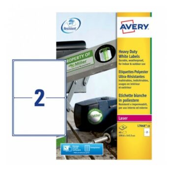 Avery L7068-20 Laser Heavy Duty A4 Labels 2 per Page 199.6x143.5 White - 20 Sheets