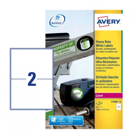 Avery L7068-20 Laser Heavy Duty A4 Labels 2 per Page 199.6x143.5 White - 20 Sheets