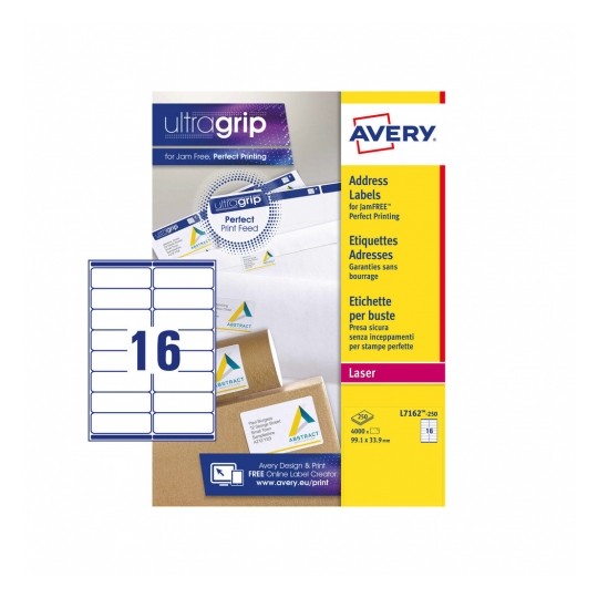 Avery L7162-250 Laser Address A4 Labels 16 Per Page 99.1x33.9 White - 250 Sheets