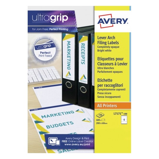 Avery L7171-100 Laser Lever Arch A4 Labels 4 per Page 200x60 White - 100 Sheets Avery L7171-100 Laser Lever Arch A4 Labels 4 per Page 200x60 White - 100 Sheets