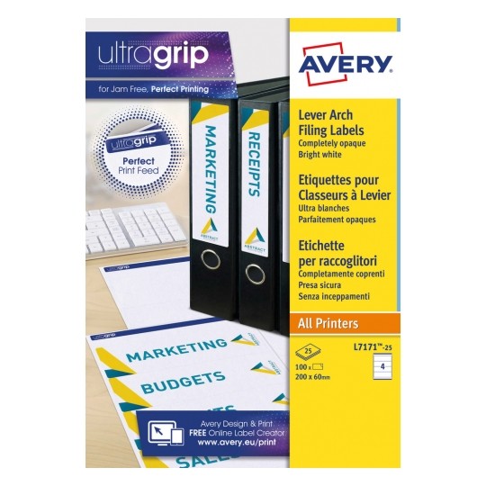 Avery L7171-25 Laser Lever Arch A4 Labels 4 per Page 200x60 White - 25 Sheets Avery L7171-25 Laser Lever Arch A4 Labels 4 per Page 200x60 White - 25 Sheets