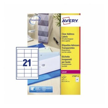Avery L7560-25 Laser Address A4 Labels 21 per Page 63.5x38.1 Clear - 25 Sheets