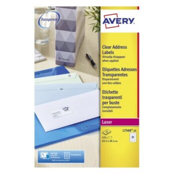 Avery L7560-25 Laser Address A4 Labels 21 per Page 63.5x38.1 Clear - 25 Sheets