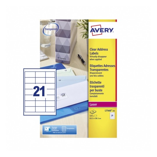 Avery L7560-25 Laser Address A4 Labels 21 per Page 63.5x38.1 Clear - 25 Sheets