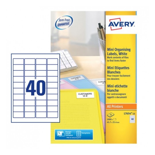 Avery L7654-25 Laser Address A4 Labels 40 Per Page 45.7x25.4 White - 25 Sheets