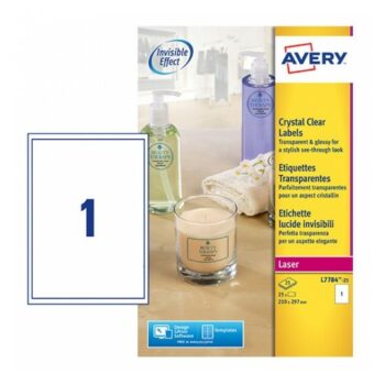 Avery L7784-25 Laser Crystal Clear A4 Labels 1 per Page 210x297 - 25 Sheets