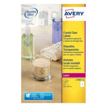 Avery L7784-25 Laser Crystal Clear A4 Labels 1 per Page 210x297 - 25 Sheets