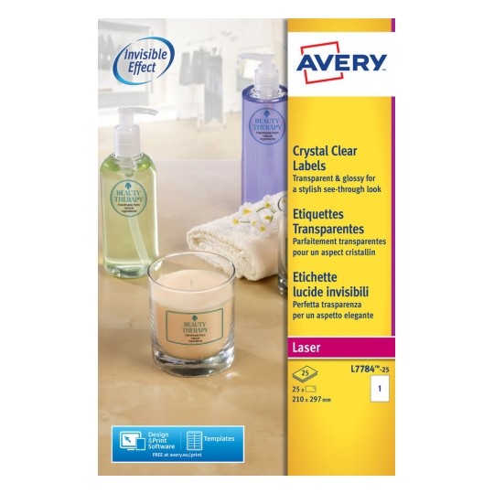Avery L7784-25 Laser Crystal Clear A4 Labels 1 per Page 210x297 - 25 Sheets Avery L7784-25 Laser Crystal Clear A4 Labels 1 per Page 210x297 - 25 Sheets