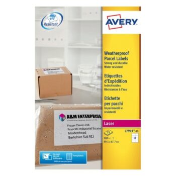Avery L7993-25 Laser Weatherproof Labels 8 per Page 99.1x67.7 White - 25 Sheets
