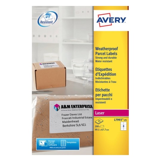 Avery L7993-25 Laser Weatherproof Labels 8 per Page 99.1x67.7 White - 25 Sheets Avery L7993-25 Laser Weatherproof Labels 8 per Page 99.1x67.7 White - 25 Sheets