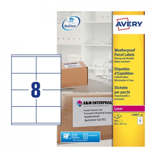 Avery L7993-25 Laser Weatherproof Labels 8 per Page 99.1x67.7 White - 25 Sheets