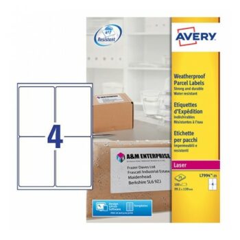 Avery L7994-25 Laser Weatherproof Labels 4 per Page 99.1x139 White - 25 Sheets