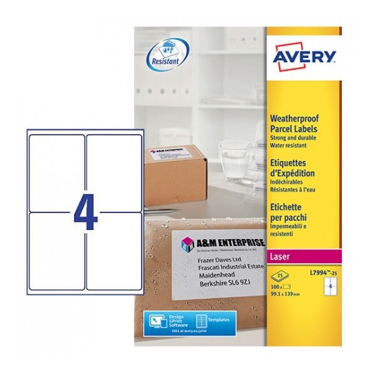 Avery L7994-25 Laser Weatherproof Labels 4 per Page 99.1x139 White - 25 Sheets