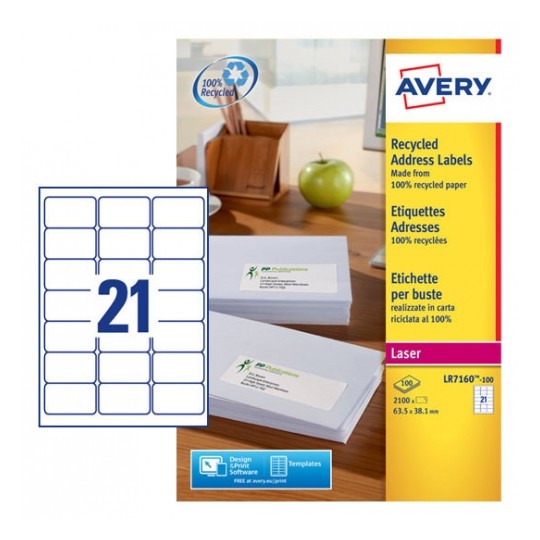 Avery LR7160-100 Laser Recycled A4 Labels 21 per Page 63.5x38.1 White - 100 Sheets