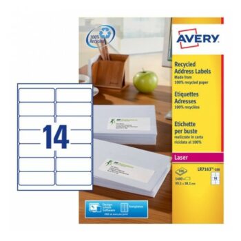 Avery LR7163-100 Laser Recycled A4 Labels 14 per Page 99.1x38.1 White - 100 Sheets