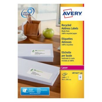 Avery LR7163-100 Laser Recycled A4 Labels 14 per Page 99.1x38.1 White - 100 Sheets