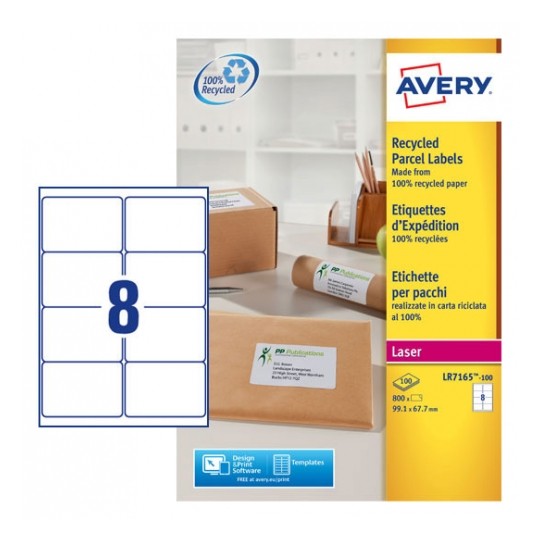 Avery LR7165-100 Laser Recycled A4 Labels 8 per Page 99.1x67.7 White - 100 Sheets